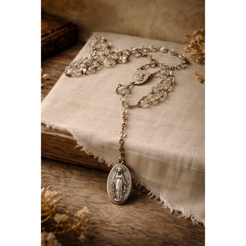 Vintage Italian Rosary‎ Necklace Miraculous Medal Faceted Beads Gold Tone